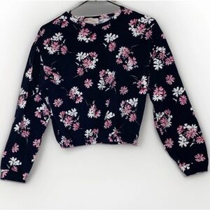 Charisma Womens Navy Blue w White & Pink Flowers Floral Long Sleeve Crop Top S